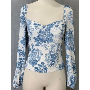Reformation Constance Smocked Floral Top Blue White Long Sleeve 8